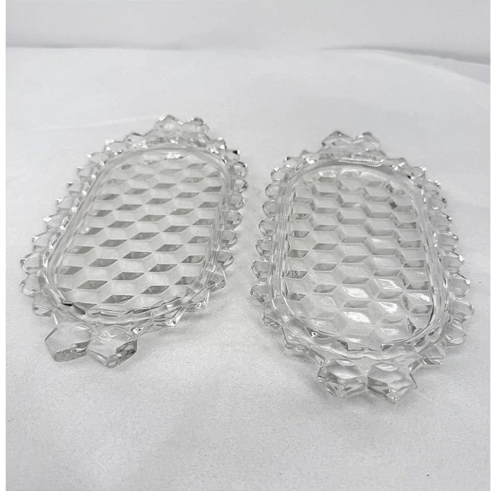 Fostoria American Glass Oval Trays Cube Pattern Clear Vintage Set of 2 Small